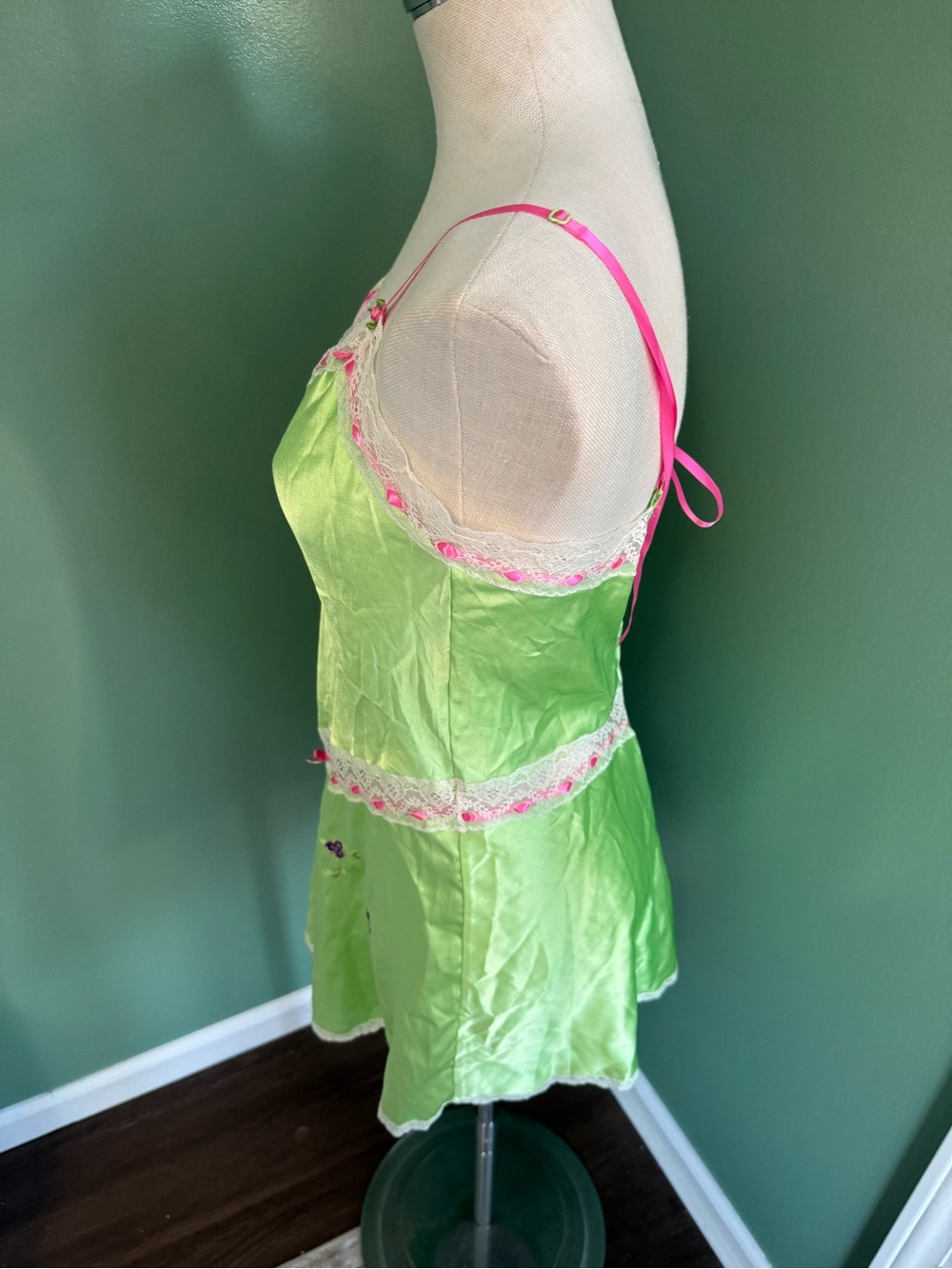 Betsey Johnson Silk-Feel Lime Green Lace Trim Slip Dress - Women's Intimates - Picture 8 of 11